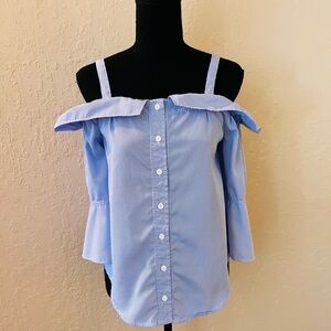 Aqua Light Blue Striped Off-Shoulder Blouse‎